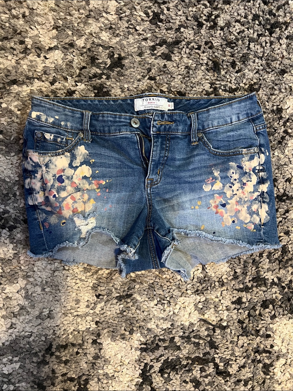 torrid Blue Denim Shorts with Pink & Yellow Paint Splatter